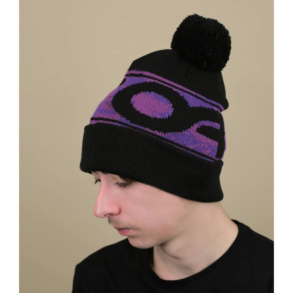 Oakley B1B Pom Beanie Black Purple Logo‎ Knit Cuffed Winter Hat New